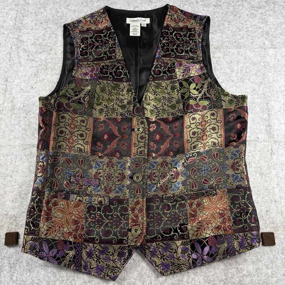 Vintage Coldwater Creek Tapestry Patchwork Button Rayon Nylon Vest Womens Small